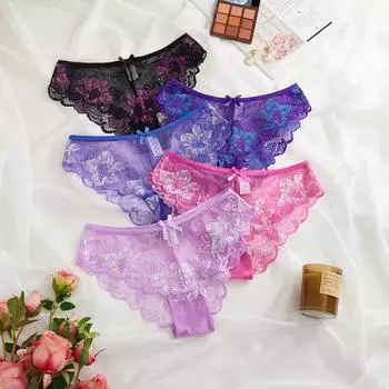 Прозрачные кружевные трусики с цветочным принтом, хлопковые женские сетчатые трусы, бесшовные кружевные трусы для девочек