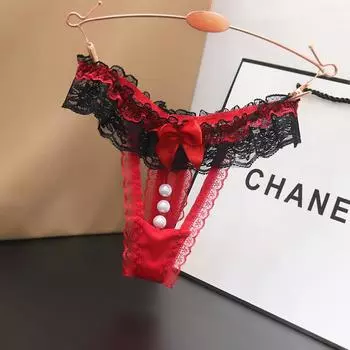 Прозрачные кружевные женские стринги с заниженной талией и функцией массажа в виде жемчужин One size