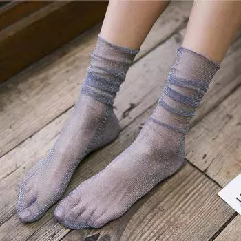 Прозрачные летние модные блестящие женские нейлоновые тюлевые носки с рюшами, чулочно-носочные изделия, сетчатые носки серый