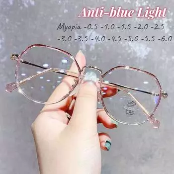Прозрачные металлические круглые очки для близорукости, женские очки с защитой от синего света, компьютерные очки, диоптрии -0,5 -1,0 -1,5 -2,0 до -6,0 1.5 чёрный