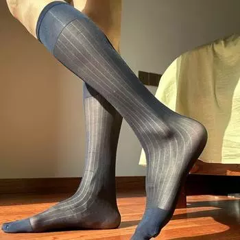 Прозрачные однотонные деловые чулки, полупрозрачные широкие полосатые шелковые носки для мужчин синий