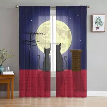 Прозрачные оконные шторы с рисунком животного кота для гостиной, спальни, современная вуаль, тюлевые шторы, тканевые шторы для кухни 135W x 114H(cm)