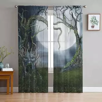 Прозрачные оконные шторы с ужасом и лесом для гостиной, спальни, современная вуаль, тюлевые шторы, тканевые шторы для кухни 135W x 114H(cm)