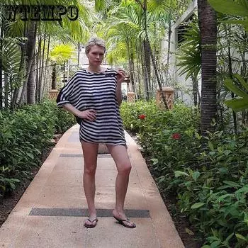 Прозрачные полосатые платья для женщин, летние, черно-белые, пэчворк, сексуальное платье, большие размеры, свободные, с коротким рукавом, vestidos One Size