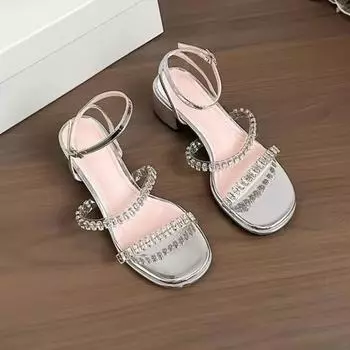 Прозрачные сандалии на прямом ремешке 2025 Женский летний новый стиль для ношения серебристые стразы на высоком каблуке с открытыми пальцами 35 белый