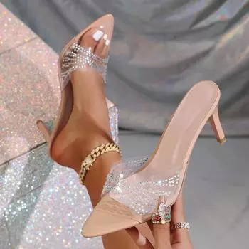 Прозрачные сандалии на шпильке с одним ремешком из стразов, женские, 2025, новые, с открытым носком, острым носком, из ПВХ, сексуальные, для улицы, на шпильке, на высоком каблуке, женские шлепанцы 35