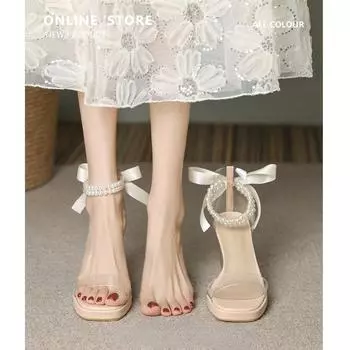 Прозрачные сандалии с французским жемчугом, женские летние туфли на толстом каблуке с кристаллами, водонепроницаемые туфли на высоком каблуке на платформе 34