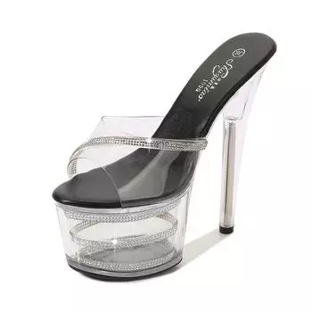 Прозрачные сандалии с кристаллами на платформе и каблуке 16,5 см, на платформе 7 см, пикантные женские туфли для банкетов и выступлений на сцене 34 чёрный