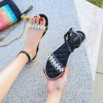 Прозрачные сандалии с жемчугом. Новая летняя верхняя одежда. Сандалии и тапочки. Римские сандалии на плоской подошве. Латексная пляжная обувь. 34 чёрный