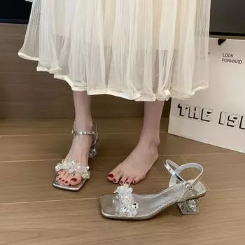 Прозрачные сандалии со стразами, женские босоножки на высоком каблуке с кристаллами и одним ремешком, женская обувь больших размеров на широкой стопе 45 чёрный