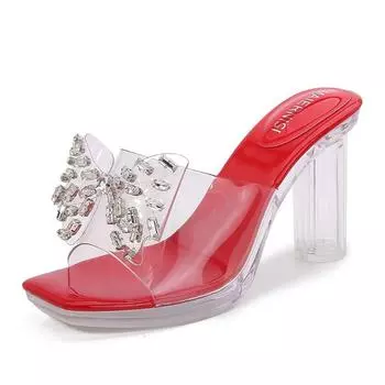 Прозрачные сандалии женские летние новые толстый каблук хрустальные высокие каблуки большой размер женская обувь 35