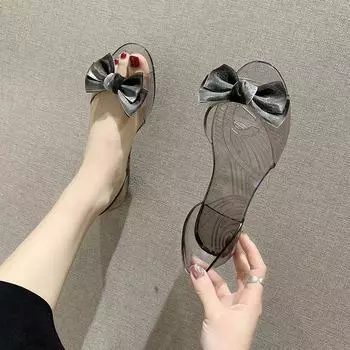 Прозрачные сандалии, женские летние прозрачные туфли на плоской подошве, модная обувь со стеклянным бантом, пластиковая обувь с открытым носком 35 абрикосовый