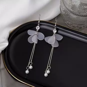 Прозрачные серьги-кисточки с цветочным лепестком из смолы, серьги-подвески из сплава золотого цвета с имитацией жемчуга и стразами для женщин и девочек серебряный