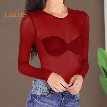 Прозрачные сетчатые топы, женские облегающие рубашки с круглым вырезом и длинными рукавами, сексуальные прозрачные марлевые топы с защитой от солнца S вино красного