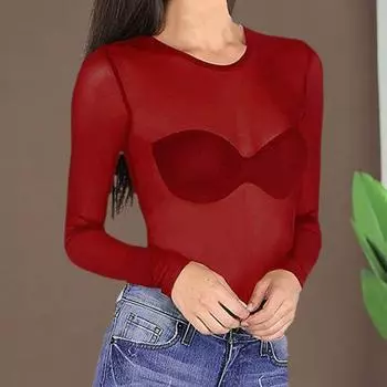 Прозрачные сетчатые топы, женские топы с круглым вырезом и длинными рукавами, приталенная рубашка, сексуальное прозрачное солнце S вино красного
