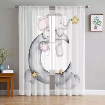 Прозрачные шторы «Маленький слон со звездой и луной» для окна гостиной, прозрачная вуаль, тюлевая занавеска, шторы для спальни 135W x 114H(cm)