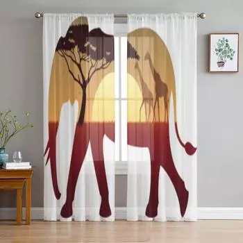 Прозрачные шторы с африканским пейзажем и слоном для спальни, гостиной, тюлевые шторы для кухни, оконные вуали, шторы 135W x 114H(cm)