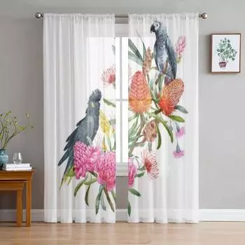 Прозрачные шторы с цветами и листвой в австралийских тропиках, тюлевые занавески для гостиной, спальни, кухни, шторы 135W x 114H(cm)