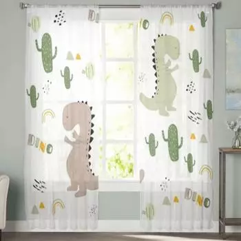 Прозрачные шторы с детским узором и динозаврами, вуаль для спальни, прозрачные шторы для окон, кухни, тюлевые шторы 135W x 114H(cm)