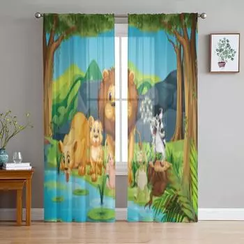 Прозрачные шторы с дикими животными, живущими у реки, для гостиной, прозрачные тюлевые занавески для окон, спальни, кухни, вуаль, шторы 135W x 114H(cm)