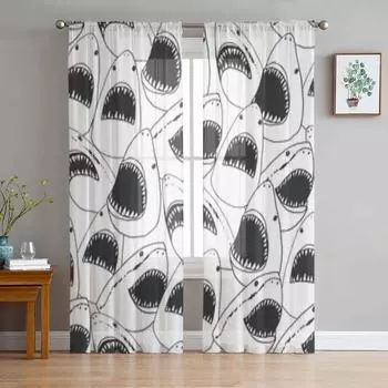 Прозрачные шторы с головой акулы и рыбы для гостиной, детской спальни, тюлевые шторы, кухонные шторы для окон 135W x 114H(cm)