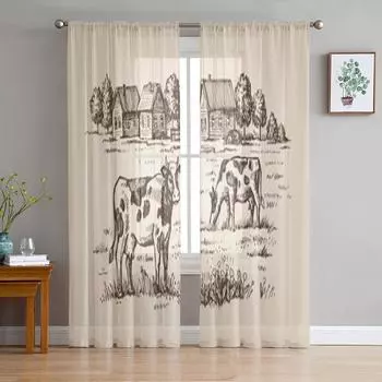 Прозрачные шторы с изображением деревни и пейзажа для гостиной, прозрачные тюлевые занавески для окон, спальни, кухни, домашний декор, вуаль, шторы 135W x 114H(cm)