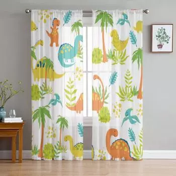 Прозрачные шторы с изображением динозавров для гостиной, прозрачный тюль, занавески для окон, спальни, кухни, домашний декор, вуаль, шторы 135W x 114H(cm)