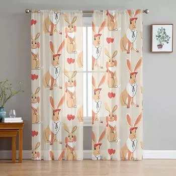 Прозрачные шторы с изображением кролика, нарисованные вручную, для гостиной, спальни, детской комнаты, тюлевые занавески для окон 135W x 114H(cm)