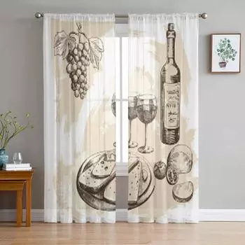 Прозрачные шторы с изображением вина и сыра для спальни, гостиной, тюлевые шторы для кухни, оконные вуали, шторы 135W x 114H(cm)