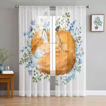 Прозрачные шторы с изображением животных, акварельной спящей лисы, оконные шторы для гостиной, спальни, жалюзи, детская комната, домашний декор 135W x 114H(cm)