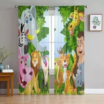 Прозрачные шторы с изображением животных в лесу для спальни, гостиной, тюлевые шторы для кухни, оконные вуали, шторы 135W x 114H(cm)
