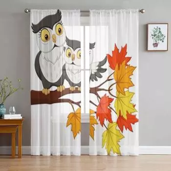 Прозрачные шторы с милой совой на ветвях деревьев для гостиной, тюлевые шторы для детской спальни, кухонные шторы для окон 135W x 114H(cm)