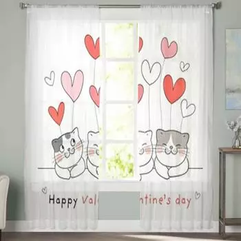 Прозрачные шторы с милым котом и воздушным шаром, вуаль для спальни, прозрачные шторы для окон, кухни, тюлевые шторы 135W x 114H(cm)