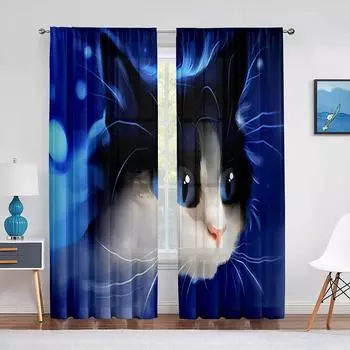 Прозрачные шторы с милым котом в стиле фэнтези для гостиной, кухни, животных, Тюль, вуаль, пряжа для окон, занавески для декора спальни 1 PCS W100XH250cm&Rod Pocket
