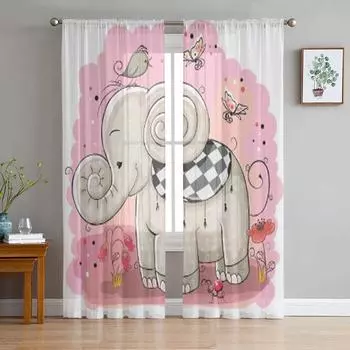 Прозрачные шторы с милым мультяшным слоном и птицей для гостиной, тюлевые шторы для детской спальни, кухонные шторы для окон 135W x 114H(cm)