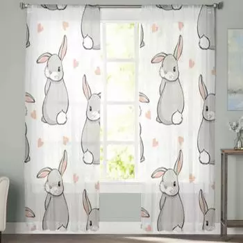 Прозрачные шторы с милыми кроликами и сердечками, вуаль для спальни, прозрачные шторы для окон, кухни, тюлевые шторы 135W x 114H(cm)