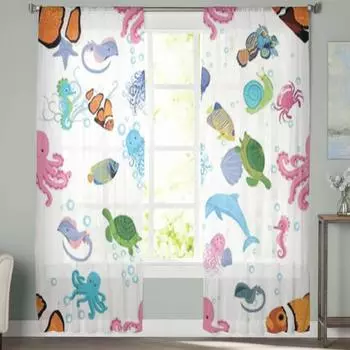 Прозрачные шторы с морской жизнью, рыбами и животными, вуаль для спальни, прозрачные шторы для окон, кухни, тюлевые шторы 135W x 114H(cm)
