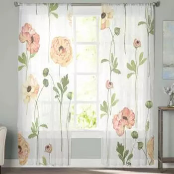Прозрачные шторы с нежными цветами, вуаль для спальни, прозрачные шторы для окон, кухни, тюлевые шторы 135W x 114H(cm)