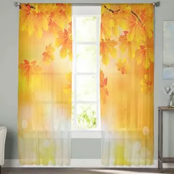 Прозрачные шторы с осенними листьями, вуаль для спальни, прозрачные шторы для окон, кухни, тюлевые шторы 135W x 114H(cm)