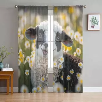 Прозрачные шторы с овцами и ромашками на ферме для гостиной, спальни, детской комнаты, тюлевые занавески для окон 135W x 114H(cm)