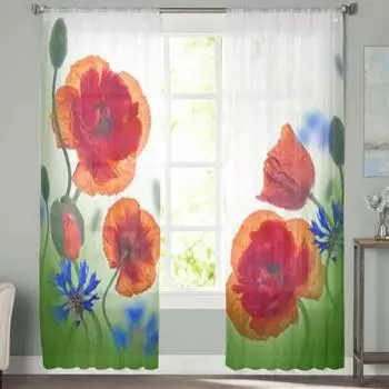 Прозрачные шторы с полем красных маков, вуаль для спальни, прозрачные шторы для гостиной, кухни, тюлевые шторы 135W x 114H(cm)