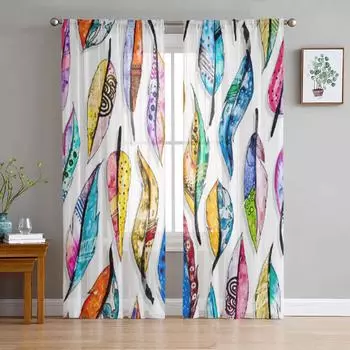 Прозрачные шторы с разноцветными перьями для гостиной, тюлевые шторы для детской спальни, кухонные шторы для окон 135W x 114H(cm)