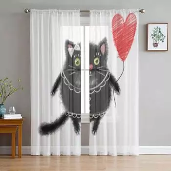 Прозрачные шторы с рисунком черного кота для гостиной, спальни, кухни, тюлевые занавески, декоративные прозрачные панели для дома 135W x 114H(cm)