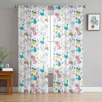 Прозрачные шторы с рисунком динозавра и радуги для гостиной, спальни, тюлевые оконные шторы для украшения кухни 135W x 114H(cm)