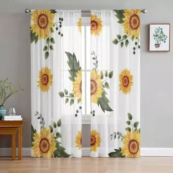 Прозрачные шторы с рисунком подсолнуха для гостиной, тюлевые шторы для детской спальни, кухонные шторы для окон 135W x 114H(cm)