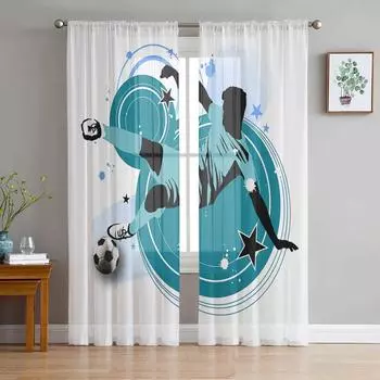 Прозрачные шторы с силуэтом футболиста для гостиной, кухни, оконные шторы, тюлевые занавески для спальни, вуали 135W x 114H(cm)