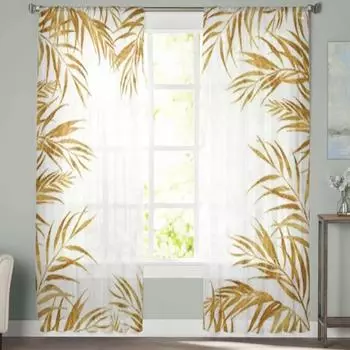Прозрачные шторы с тропическими золотыми пальмовыми листьями, вуаль для спальни, прозрачные шторы для окон, кухни, тюлевые шторы 135W x 114H(cm)