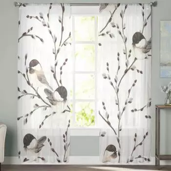 Прозрачные шторы с ветками ивы и птицами, вуаль для спальни, прозрачные шторы для окон, кухни, тюлевые шторы 135W x 114H(cm)