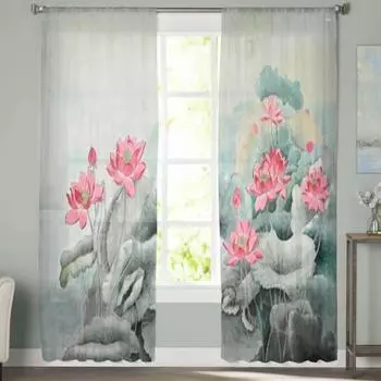 Прозрачные шторы в китайском стиле лотоса, вуаль для спальни, прозрачные шторы для окон, кухни, тюлевые шторы 135W x 114H(cm)