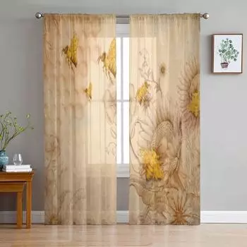 Прозрачные шторы в стиле ретро с медовыми пчелами и полевыми цветами для гостиной, тюлевые шторы для детской спальни, кухонные шторы для окон 135W x 114H(cm)